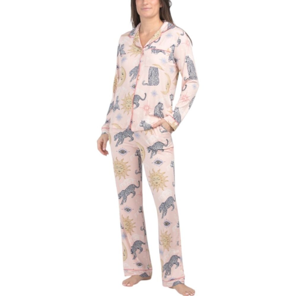 CHELSEA PEERS 2pc Recycled Celestial And Leopard Print Pajamas Set